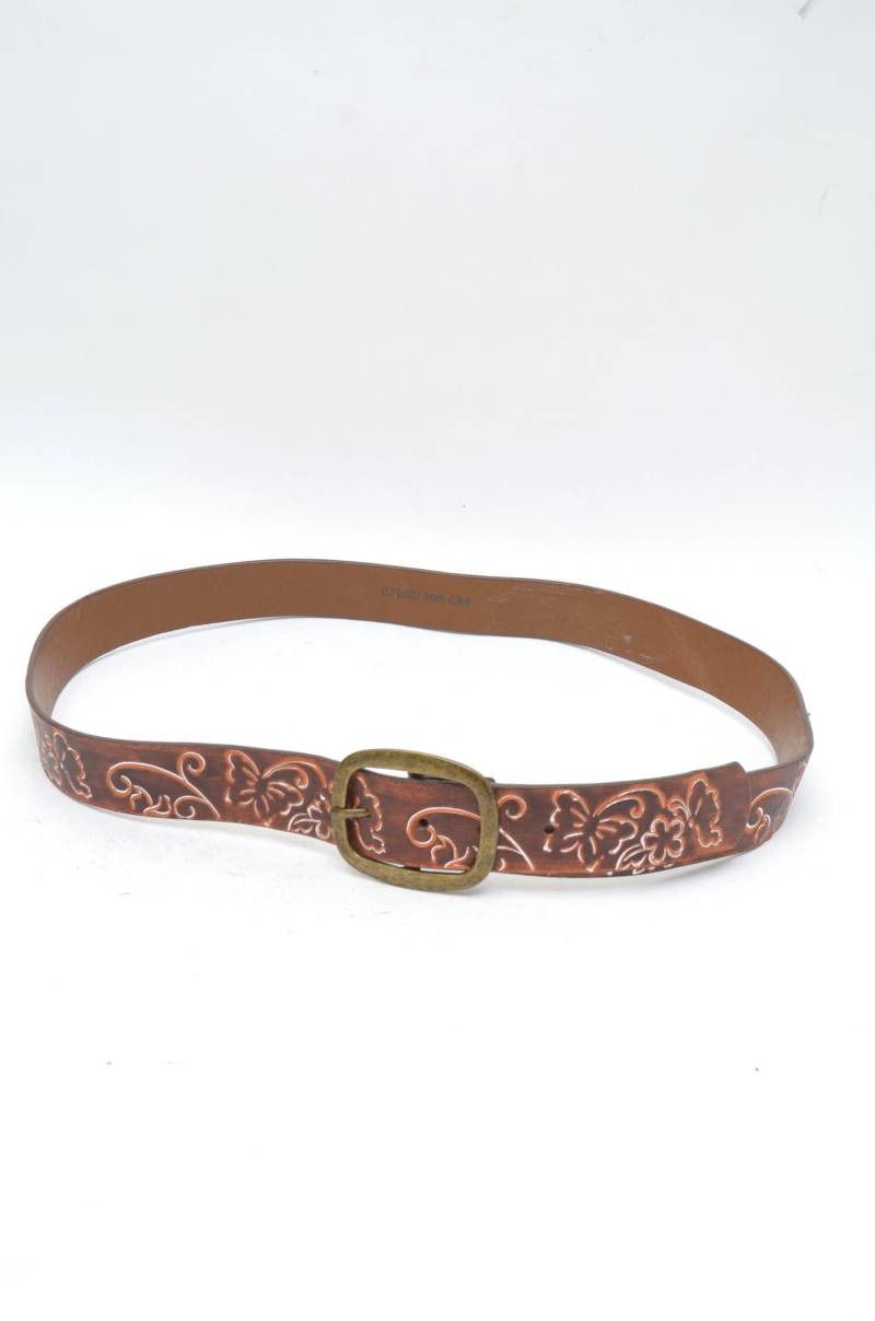 Vintage 90Er Jahre Brauner Gürtel Mit Ovaler Messing Schnalle Und Geprägtem Blumen Schmetterling Design von MikseStudio