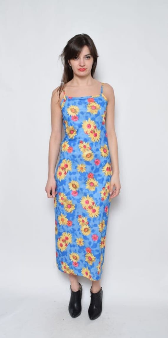 Vintage 90Er Jahre Daisy Print Maxi Kleid/ Ärmelloses Langes Grunge Sommerkleid Mit Blumen - Größe M von MikseStudio
