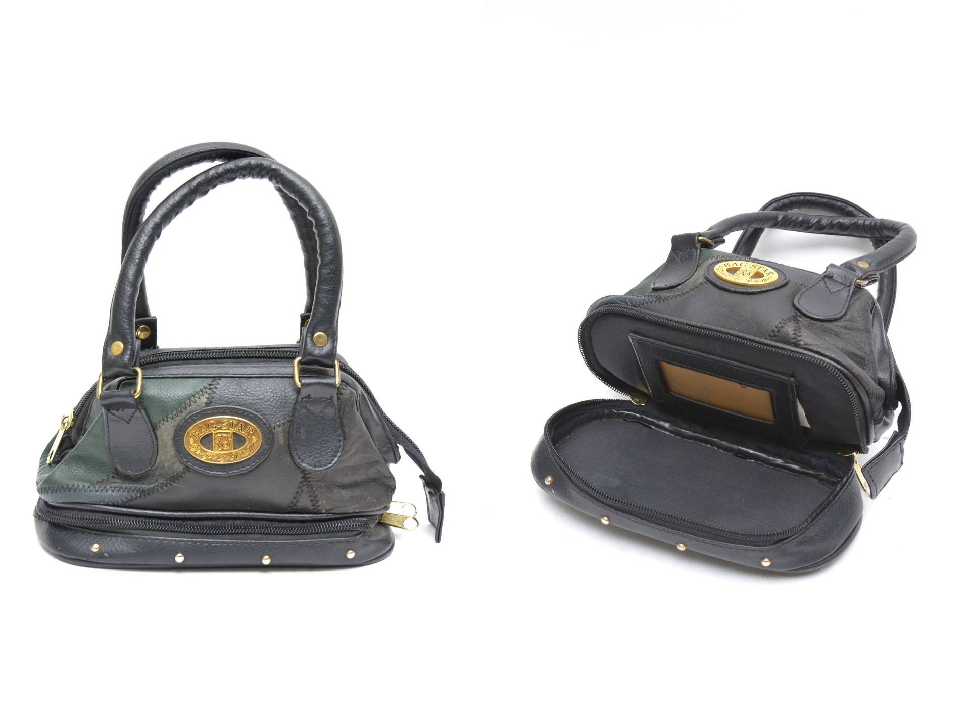 Vintage 90Er Jahre Echt Leder Mini Schwarz Und Mehrfarbig Patchwork Handtasche Geldbörse von MikseStudio