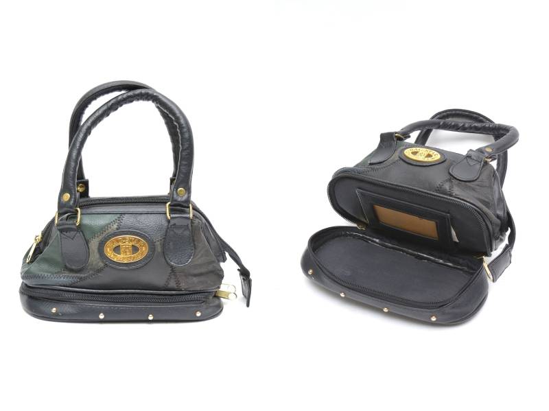 Vintage 90Er Jahre Echt Leder Mini Schwarz Und Mehrfarbig Patchwork Handtasche Geldbörse von MikseStudio