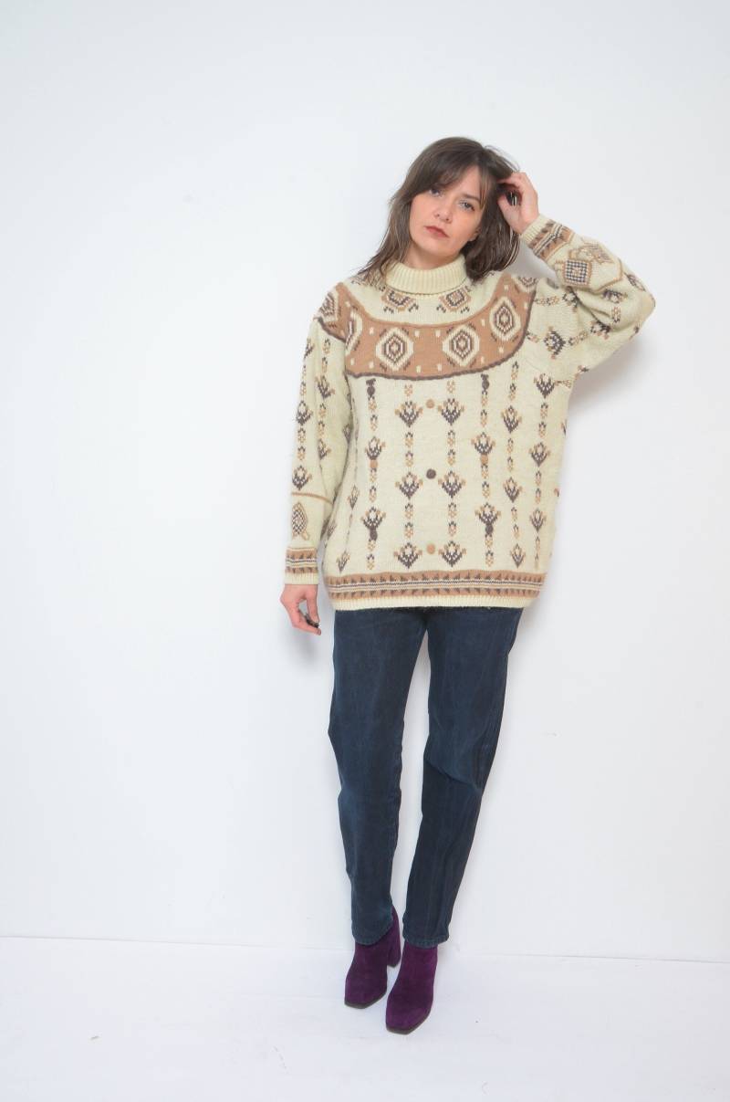 Vintage 90Er Jahre Floral Rollkragenpullover Grobstrick Rollkragenpullover, Grösse L von MikseStudio