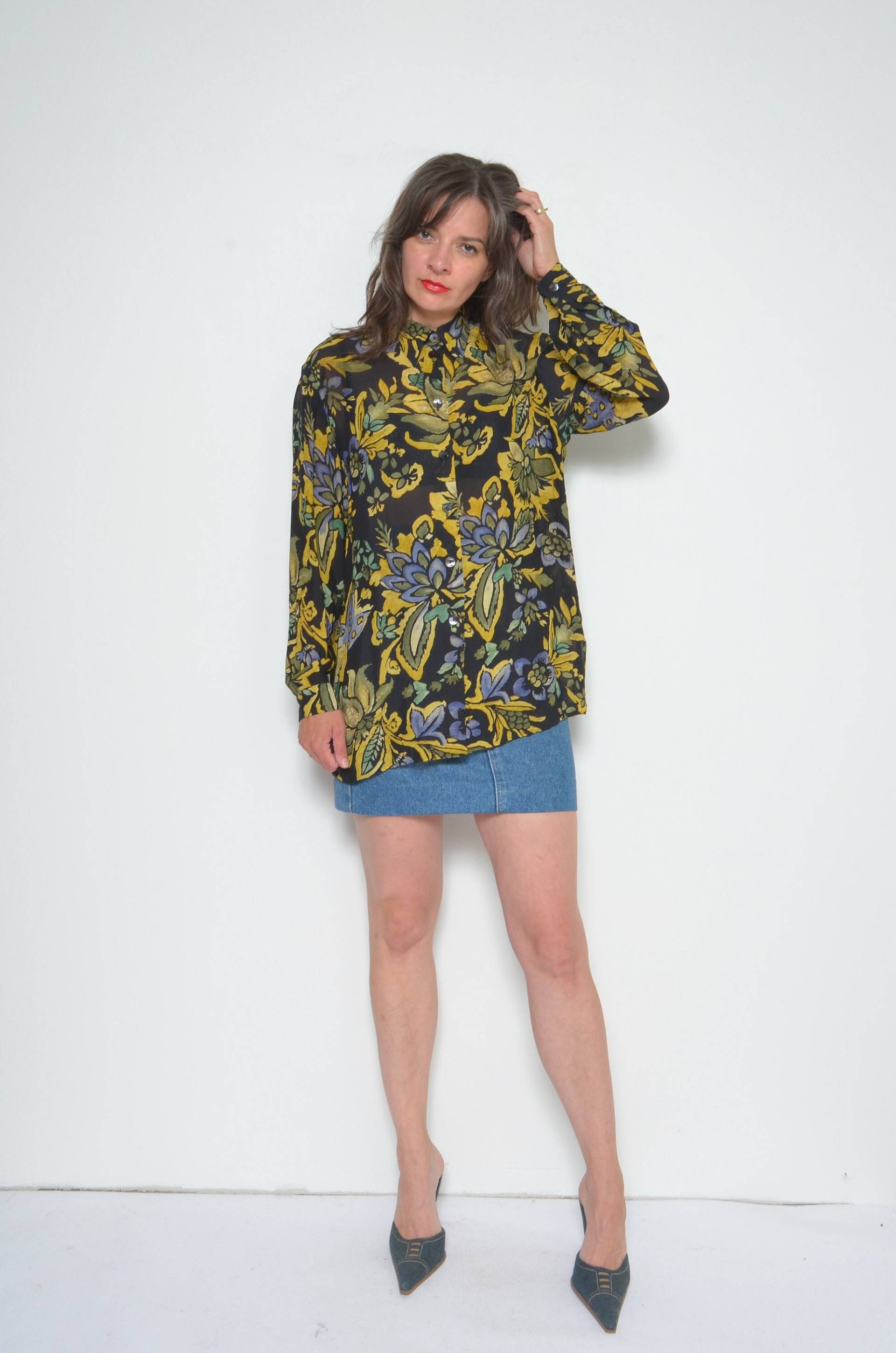 Vintage 90Er Jahre Floral Sheer Bluse - Gerry Weber Oversized Top Medium von MikseStudio