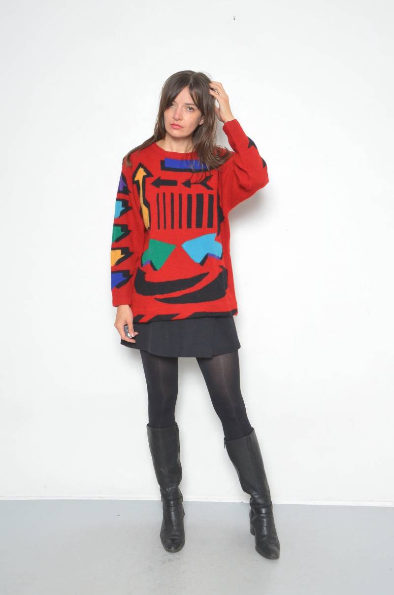 Vintage 90Er Jahre Geometric Wollpullover Roter Angora Pullover von MikseStudio