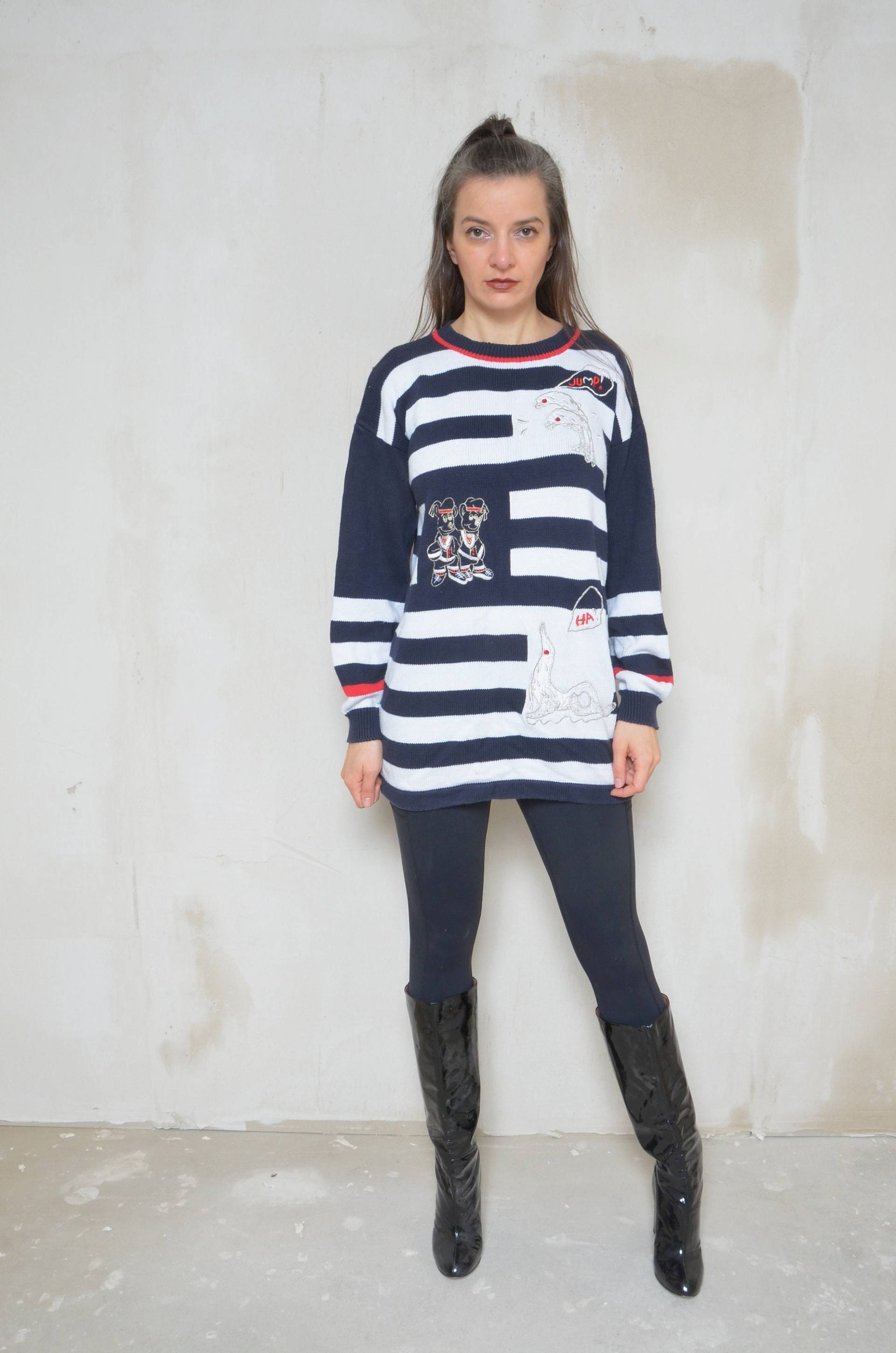 Vintage 90Er Jahre Gestreifter Baumwoll Pullover Applikation Seelöwe, Grösse S von MikseStudio