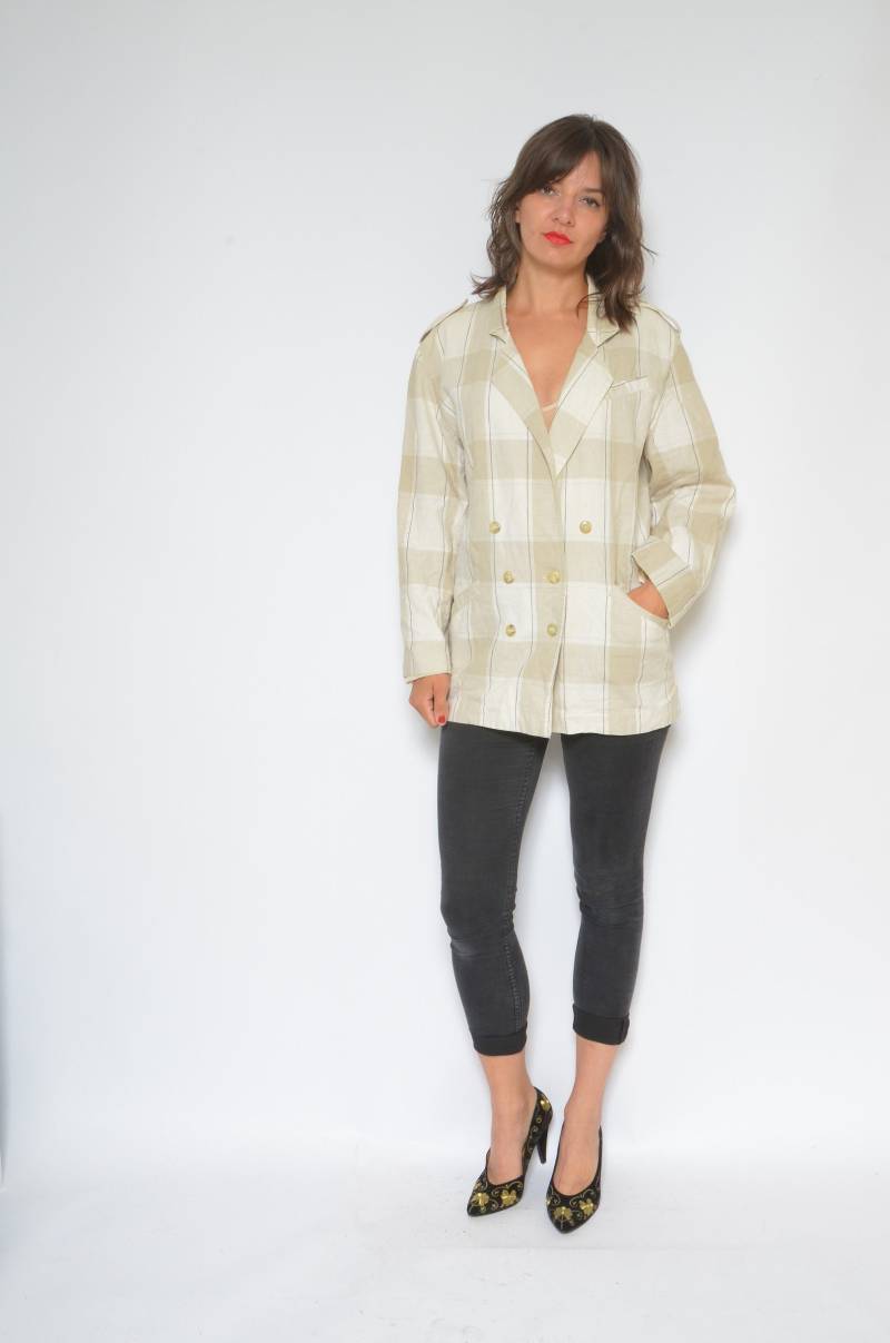 Vintage 90Er Jahre Gestreifter Weißer Leinen Blazer/Oversized Sommer - Größe Medium von MikseStudio
