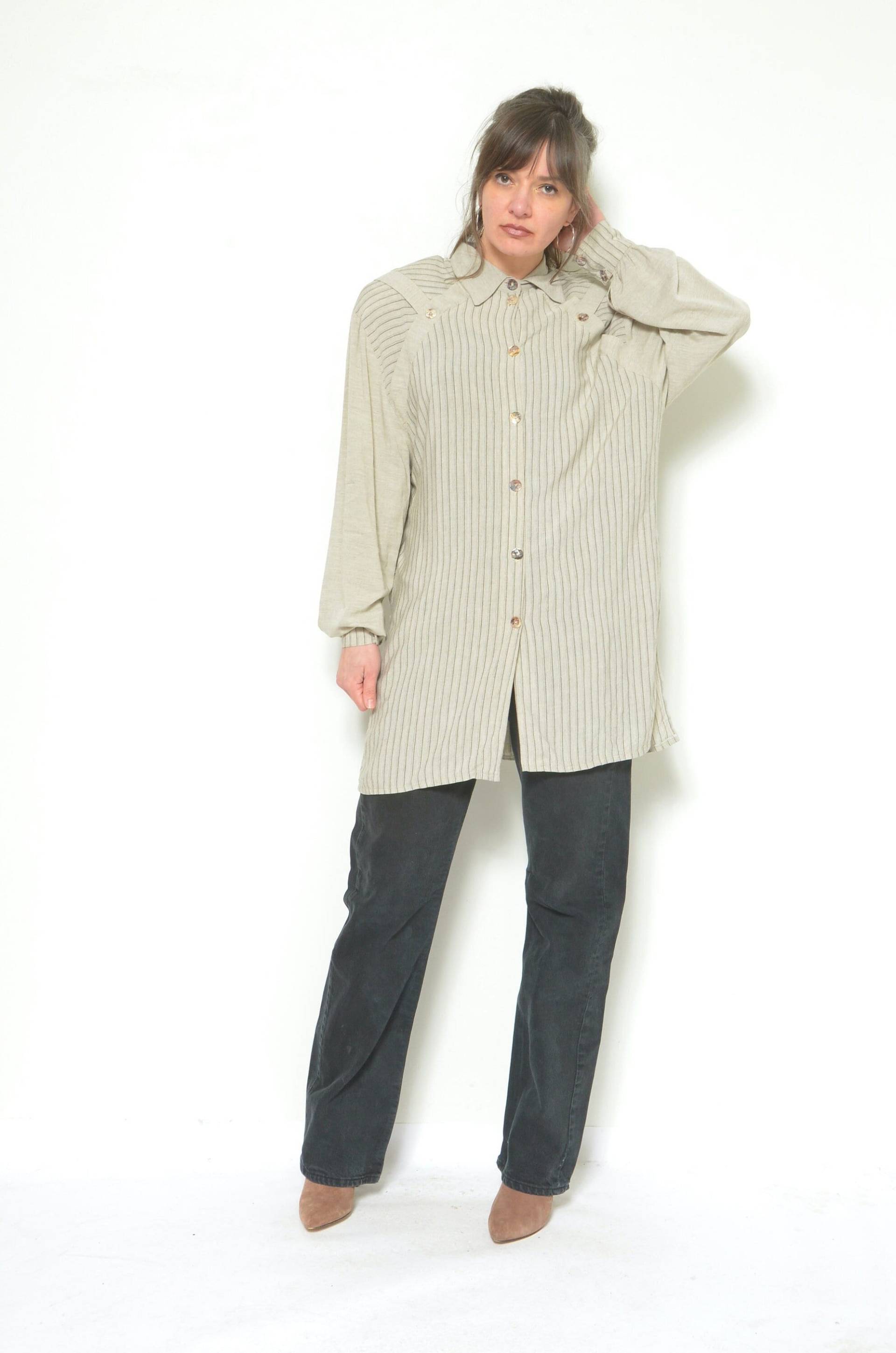 Vintage 90Er Jahre Gestreiftes Long Shirt/Kragen Langarm Loose Fit Gr. M von MikseStudio