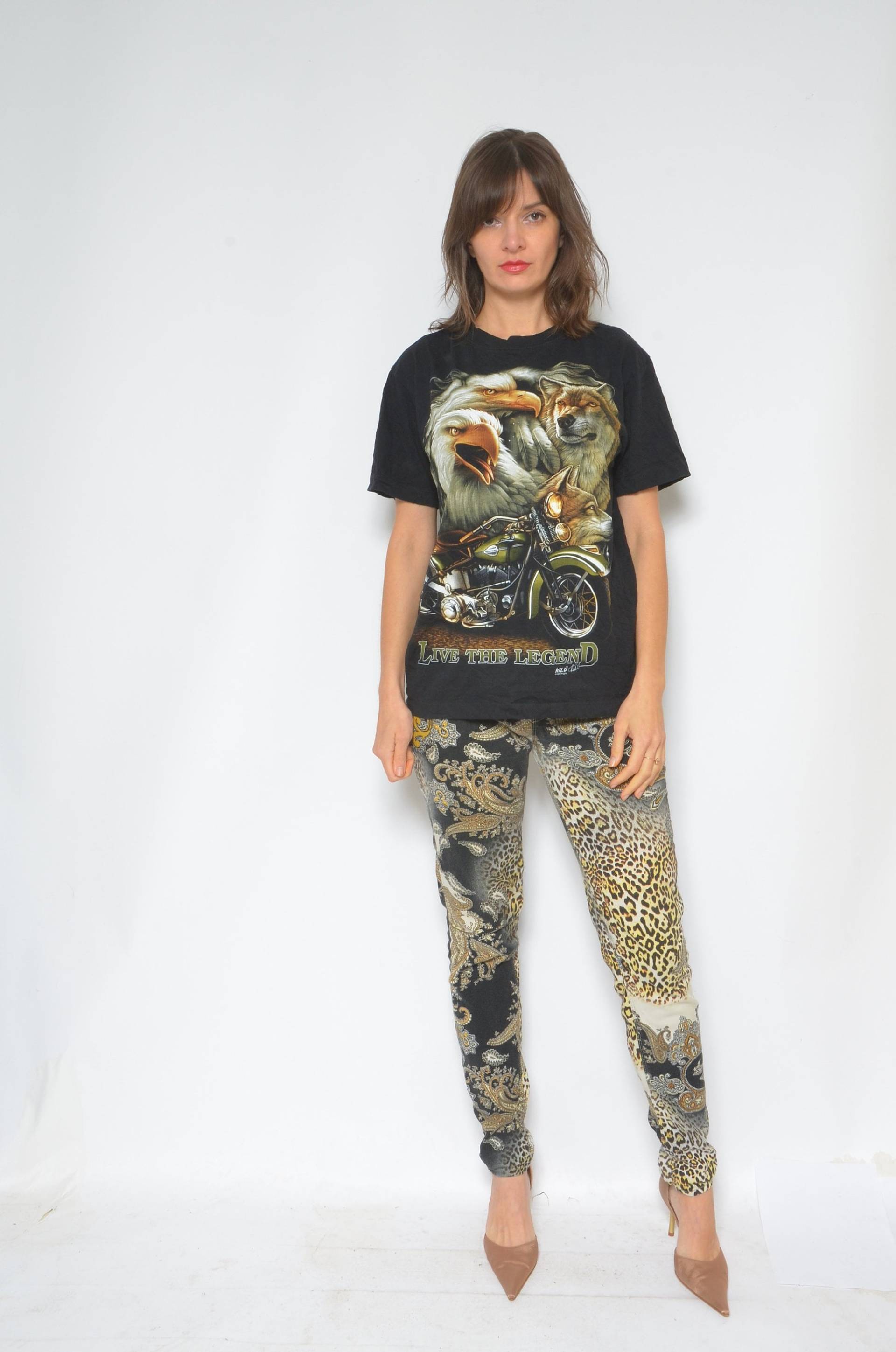 Vintage 90Er Jahre Grafik-T-Shirt Wolf, Adler, Motorrad Druck - Größe M von MikseStudio