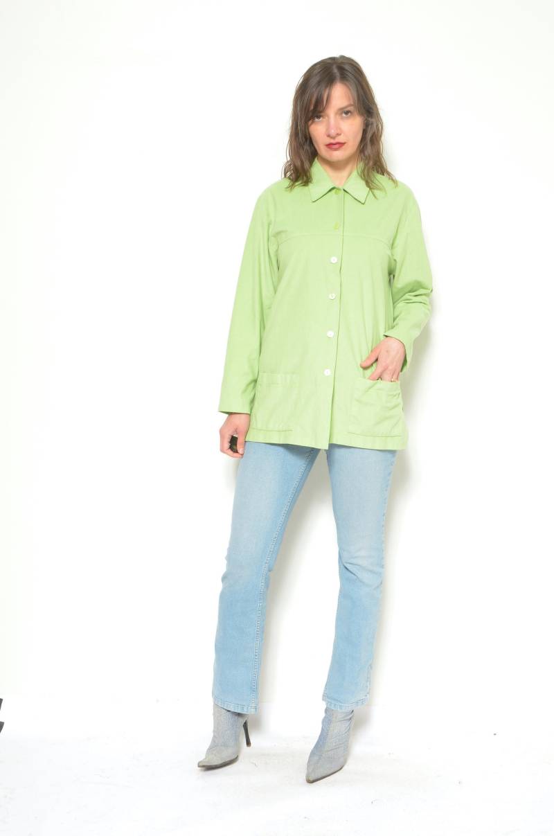 Vintage 90Er Jahre Hemd Mit Kragentasche - Weiches Material Loose Fit Lime Green Größe S M von MikseStudio