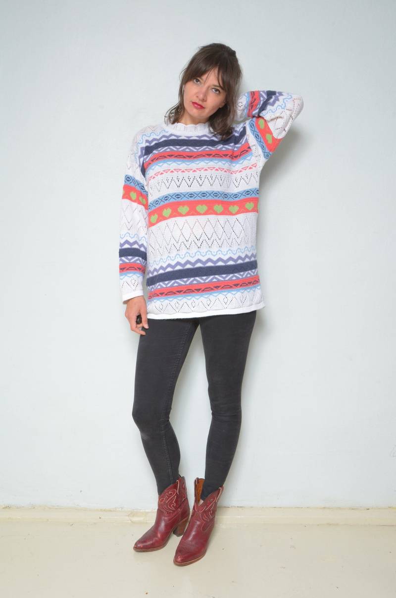 Vintage 90Er Jahre Herz Strickpullover - Bunter Langarm Pullover von MikseStudio