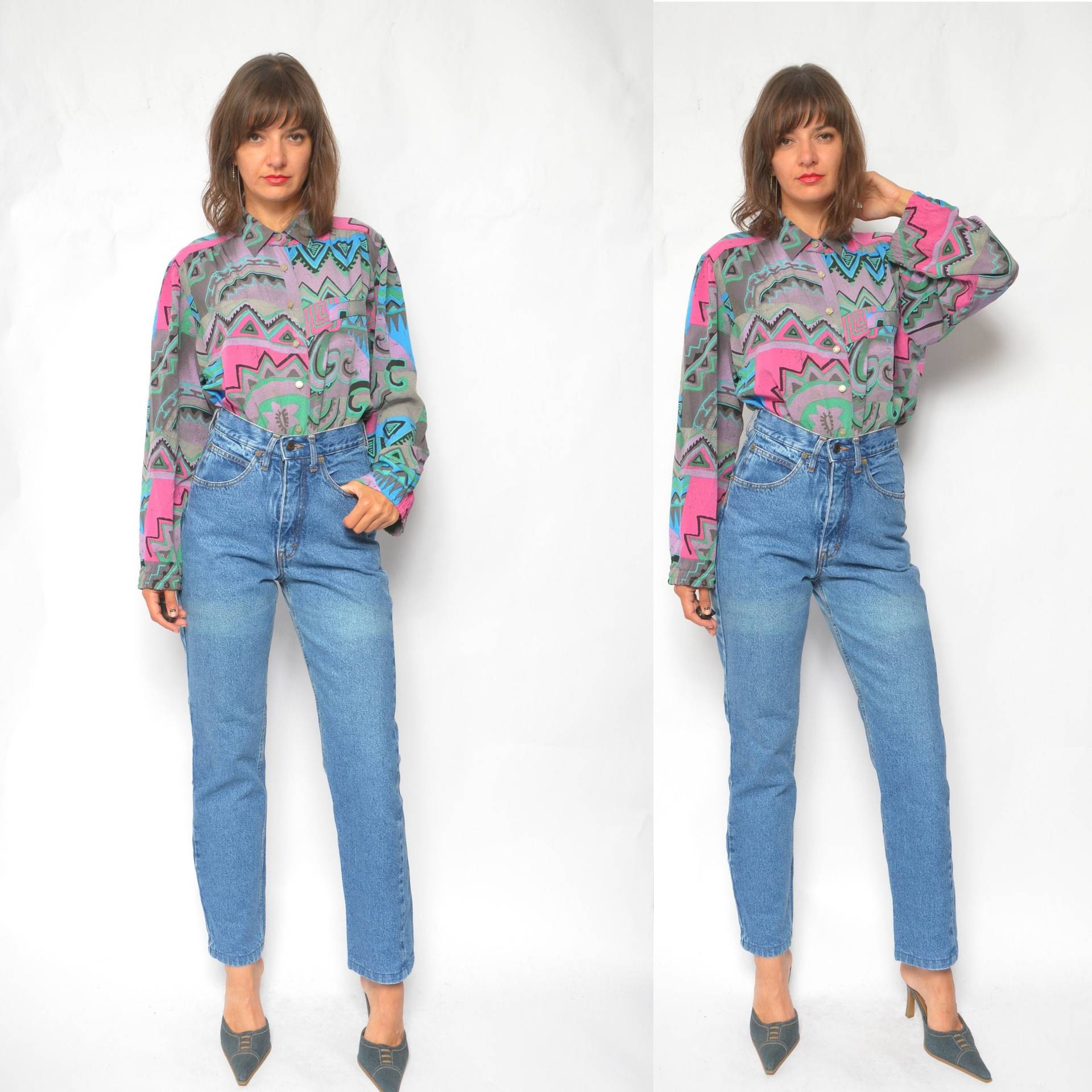 Vintage 90Er Jahre High Waisted Jeans Blaue Denim Mom Jeans Mit Verjüngtem Bein - S von MikseStudio