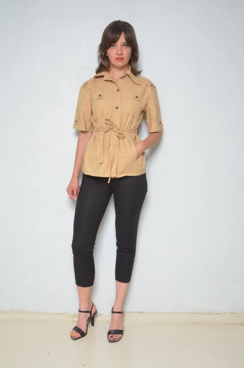 Vintage 90Er Jahre Khaki Baumwollhemd Militär-stil Taillenbluse - Medium von MikseStudio