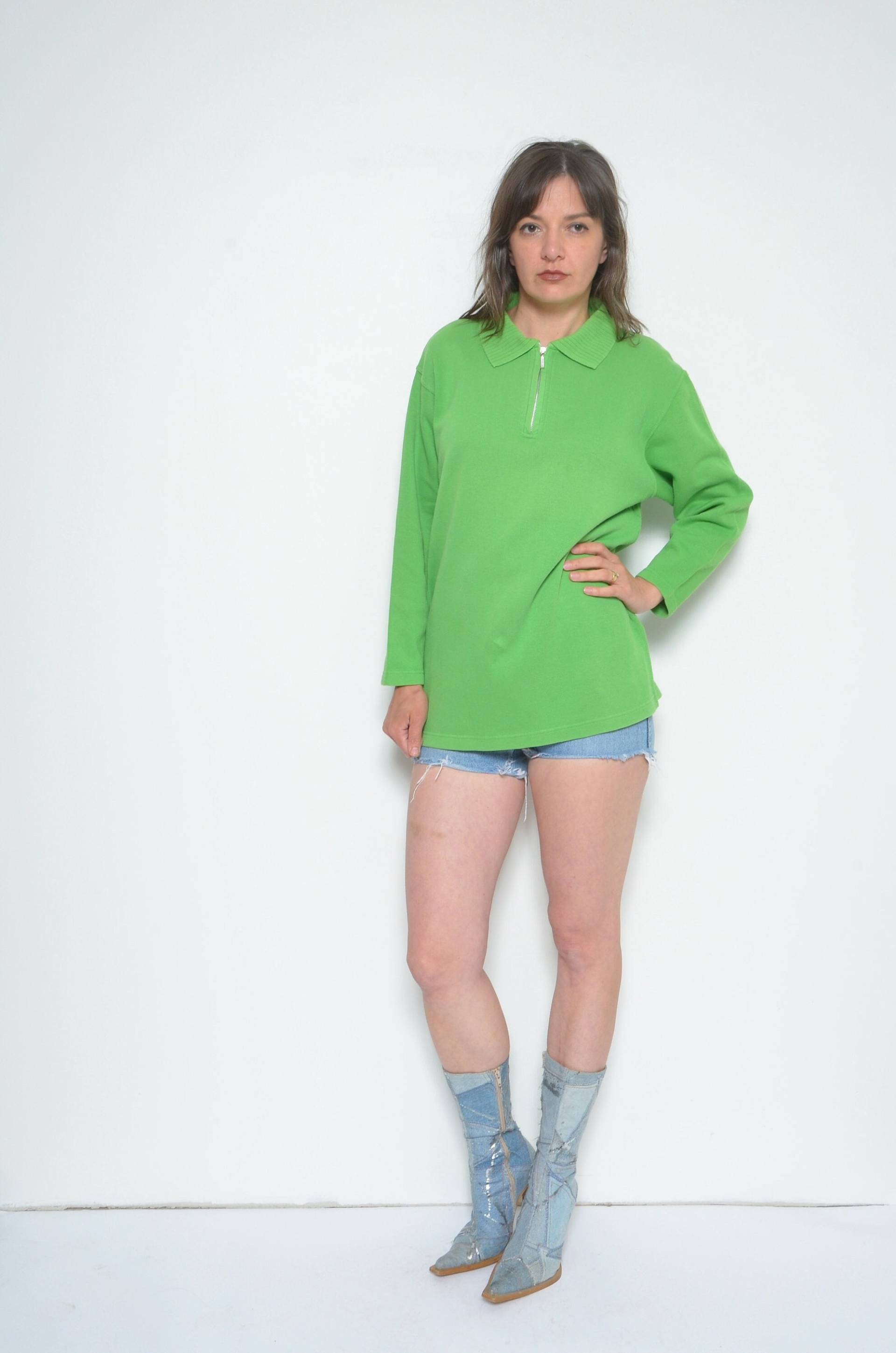 Vintage 90Er Jahre Kragen Sweatshirt/Zipper Hellgrün Langarm Top - Größe Medium von MikseStudio