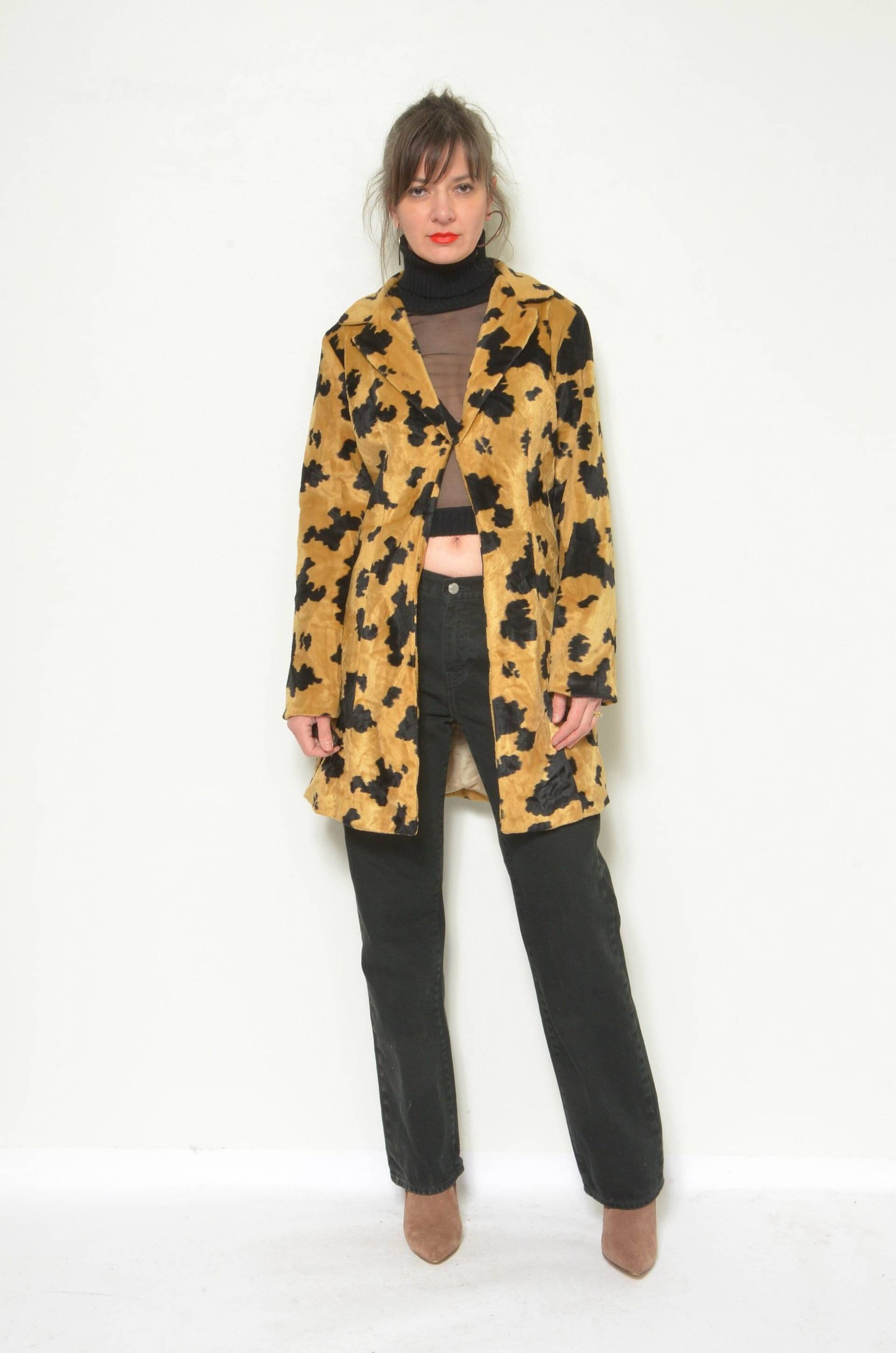 Vintage 90Er Jahre Kunstpelz Blazer/Tier Muster Lange Jacke - Size Medium von MikseStudio