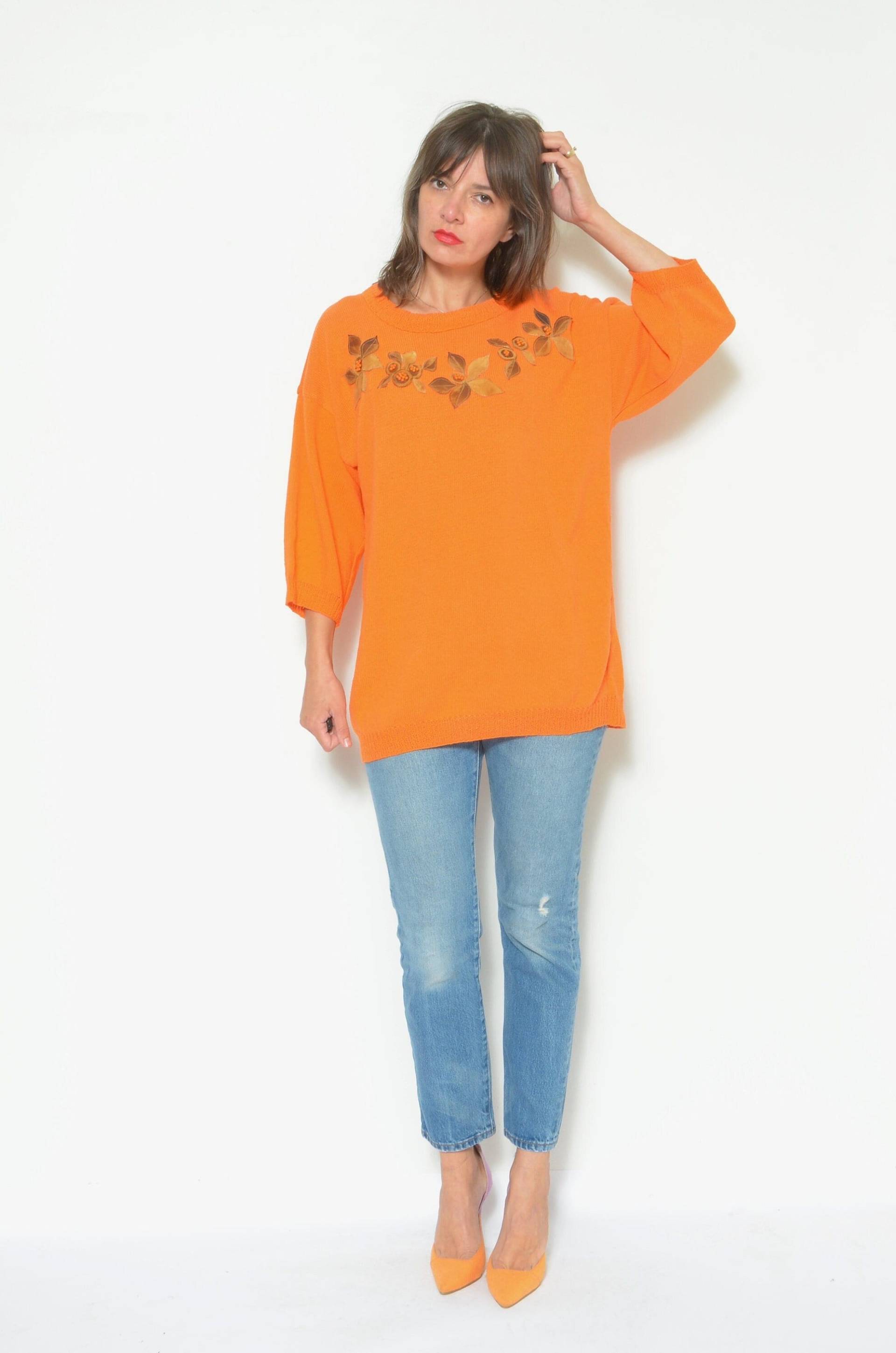 Vintage 90Er Jahre Pullover Mit Applikationen - Orangefarbener Kurzarm M/L von MikseStudio