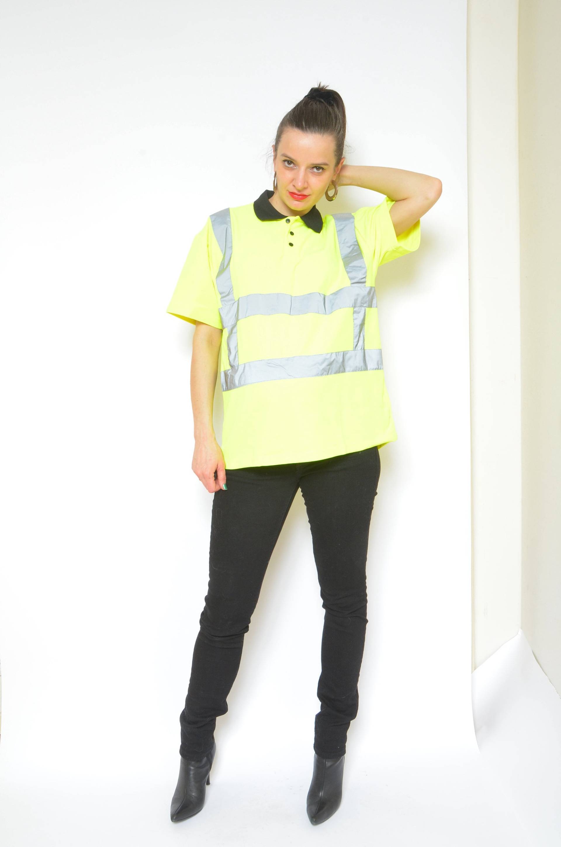 Vintage 90Er Jahre Reflective Road Worker Poloshirt - Neon Grünes Top, Grösse S von MikseStudio