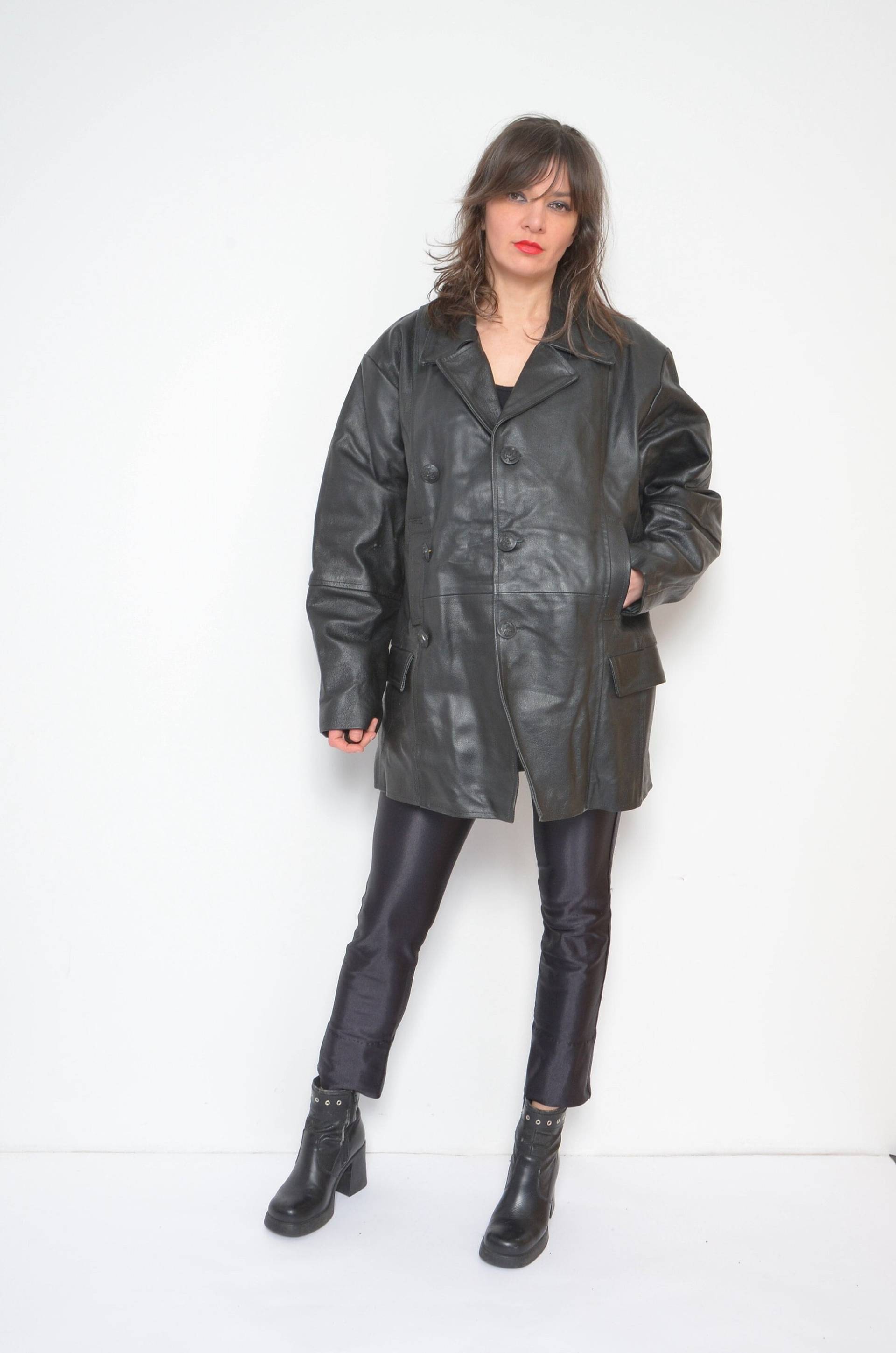 Vintage 90Er Jahre Schwarz Leder Blazer - Taillierte Echtleder Jacke, Größe Medium von MikseStudio