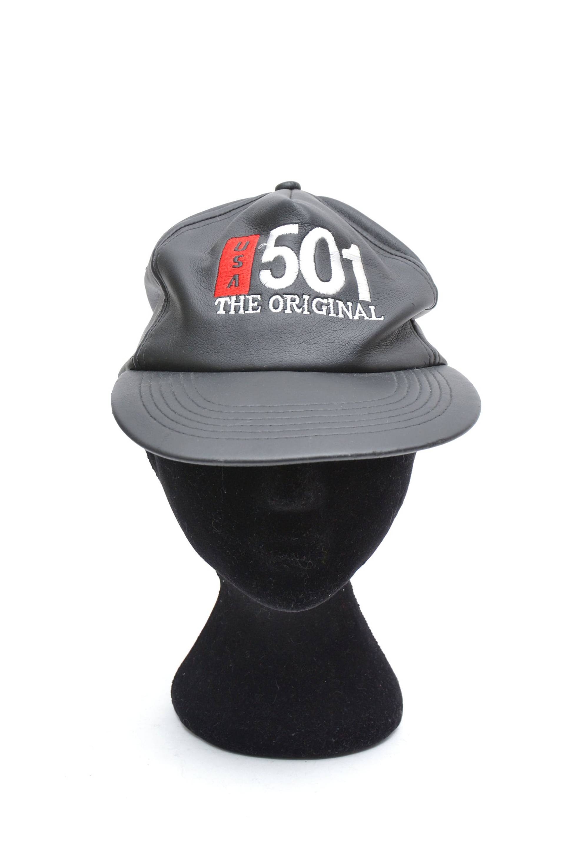 Vintage 90Er Jahre Schwarze Kunstleder Levi's 501 Baseballkappe Mit Verstellbarem Verschluss von MikseStudio