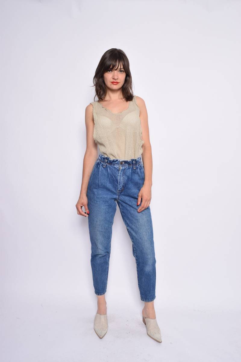 Vintage 90Er Jahre Sheer Fishnet Tank Top - Beiges Ärmelloses Top, Größe L von MikseStudio