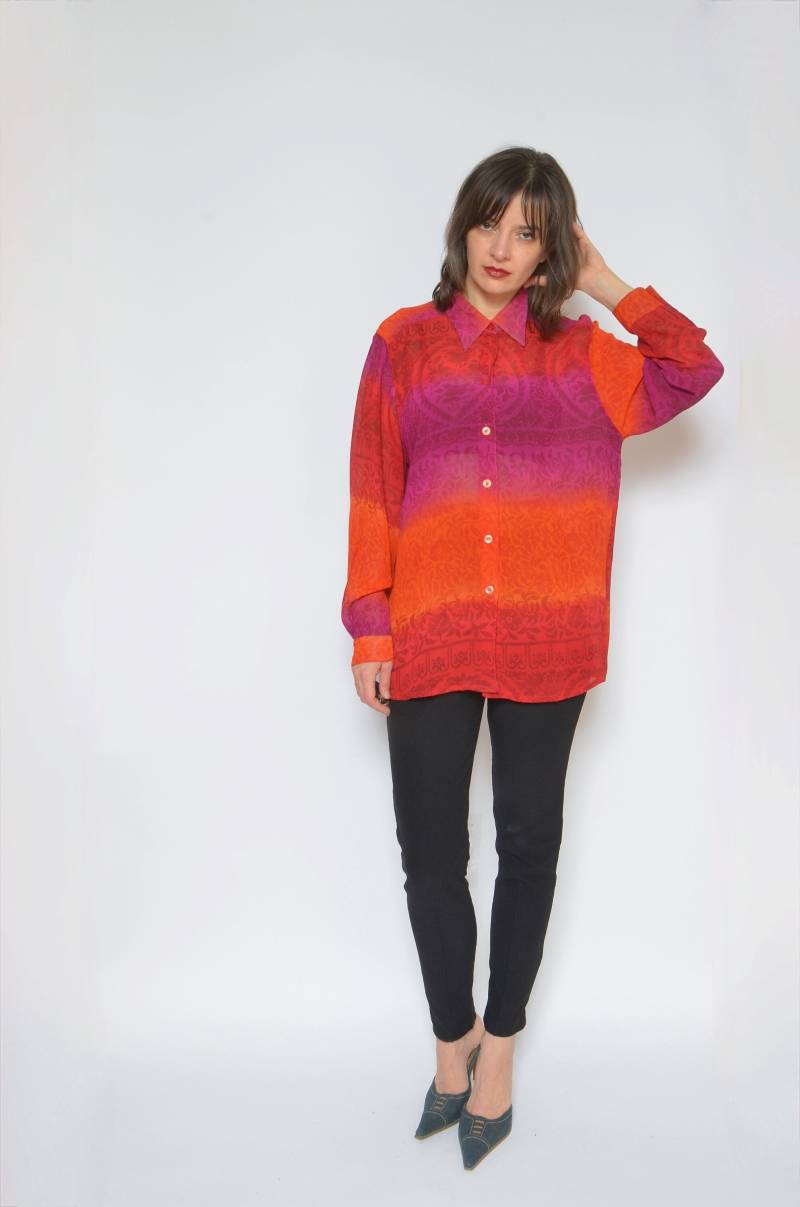 Vintage 90Er Jahre Viskose Bluse Transparentes Oversized Top, Large von MikseStudio