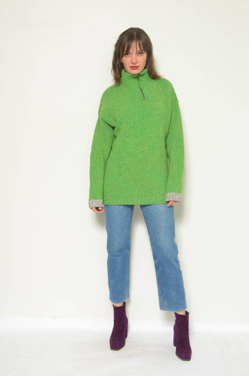 Vintage 90Er Jahre Wollpullover Mit Stehkragen/Hellgrüner Pullover Reißverschluss, Größe Medium von MikseStudio