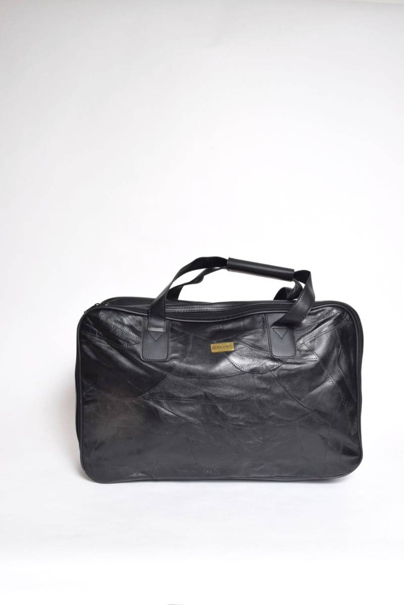 Vintage 90Er Schwarz Echtleder/Kunstleder Patchwork Koffer Handtasche von MikseStudio