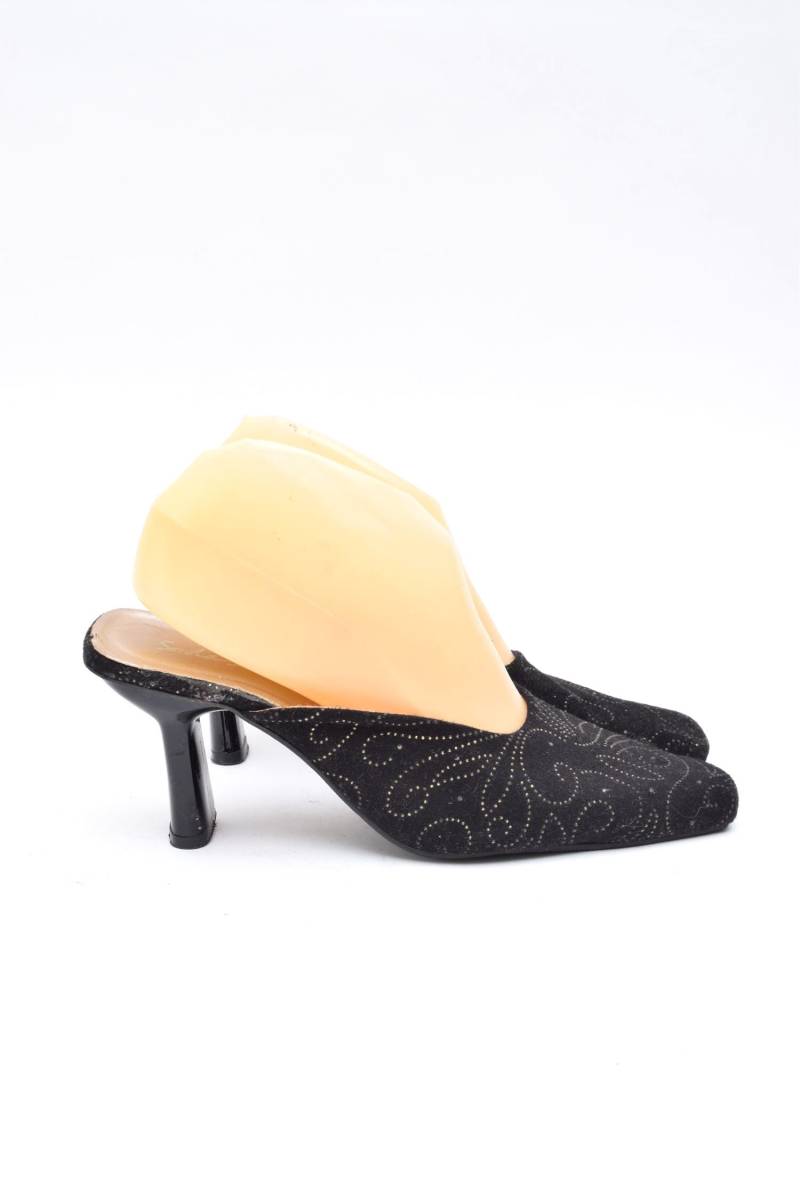 Vintage 90Er Schwarze Stoffpumps Mit Goldfaden-Design Und Kurvigem Absatz von MikseStudio