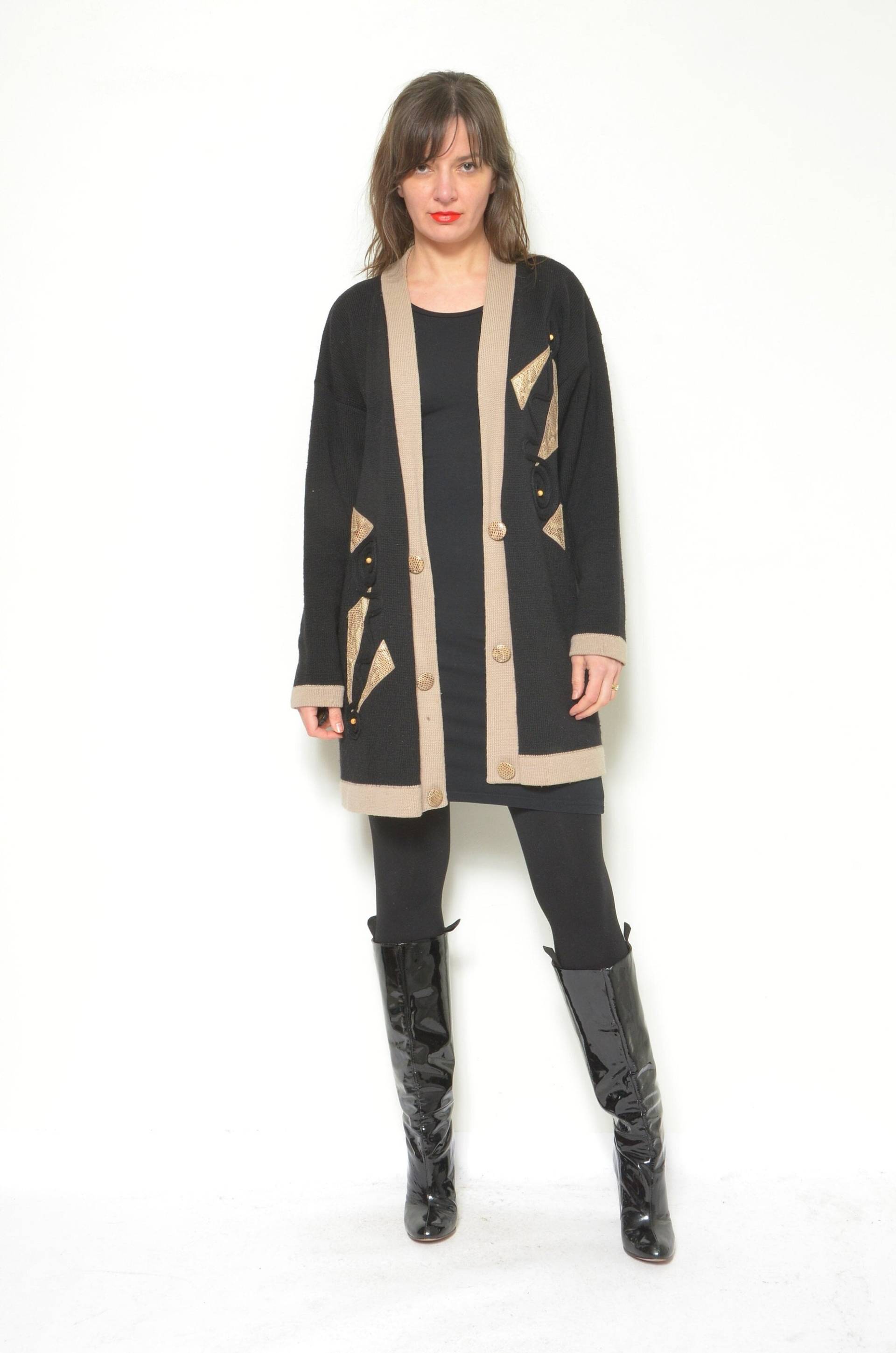 Vintage 90Er Woll-Cardigan - Leder-Detail-Knopfpullover Größe M/L von MikseStudio