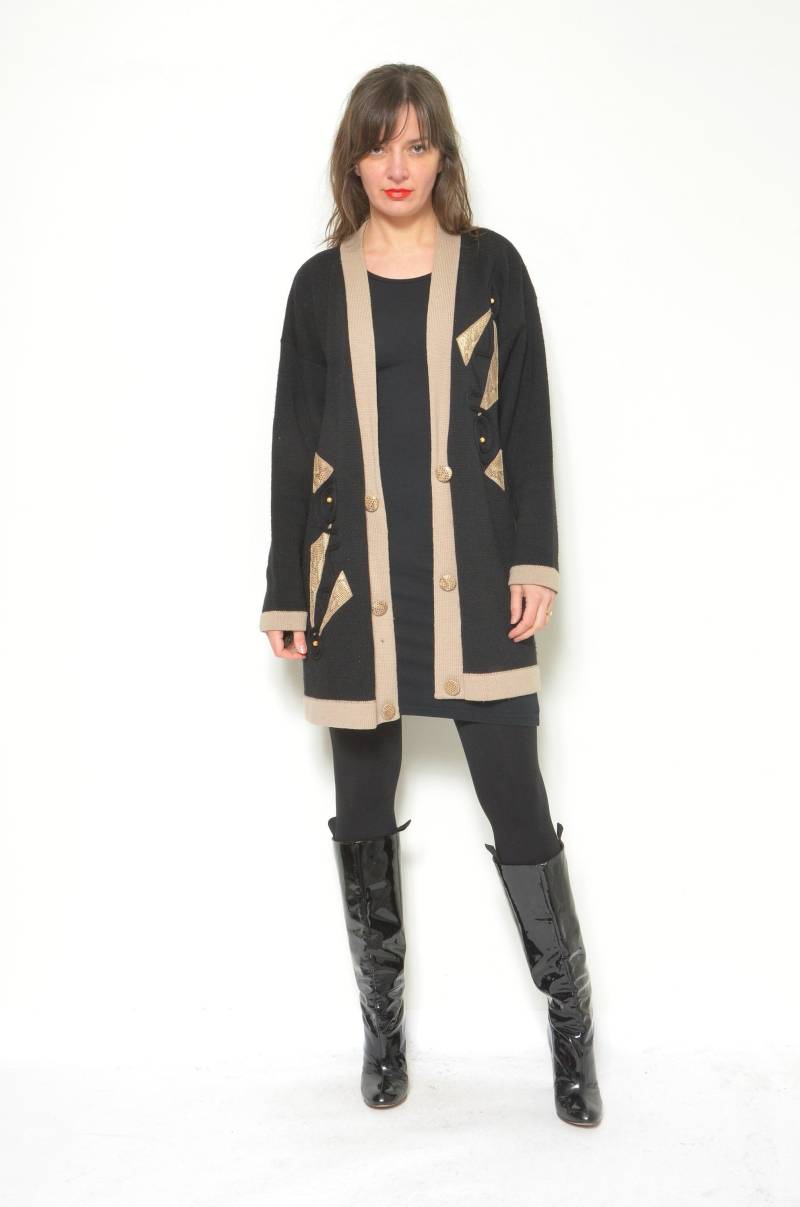 Vintage 90Er Woll-Cardigan - Leder-Detail-Knopfpullover Größe M/L von MikseStudio