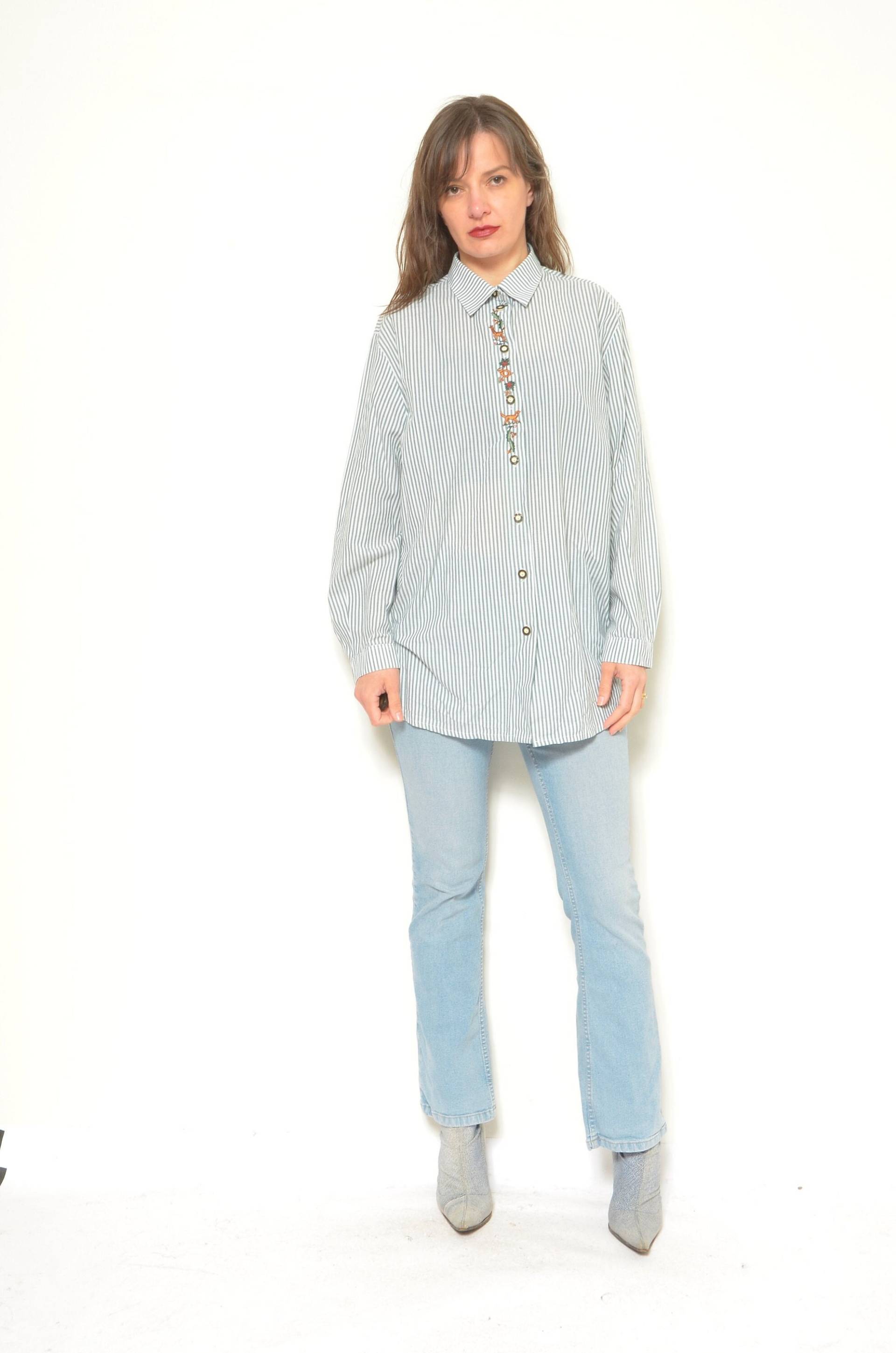 Vintage 90S Baumwollhemd Mit Bestickten Streifen Oversized Folk Top L/xl von MikseStudio