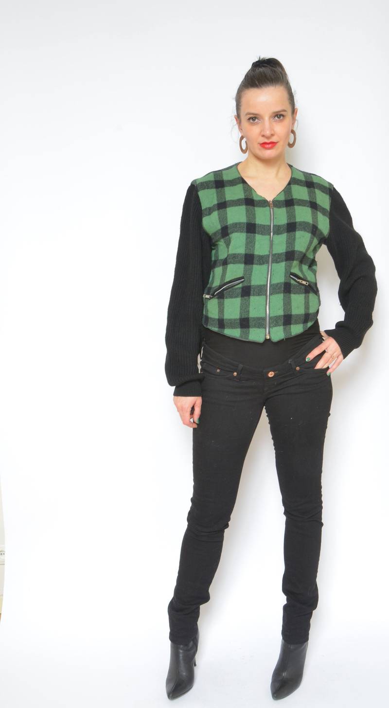 Vintage Agnes B Wolle Karierte Jacke 90Er Jahre Strickärmel, Größe S von MikseStudio