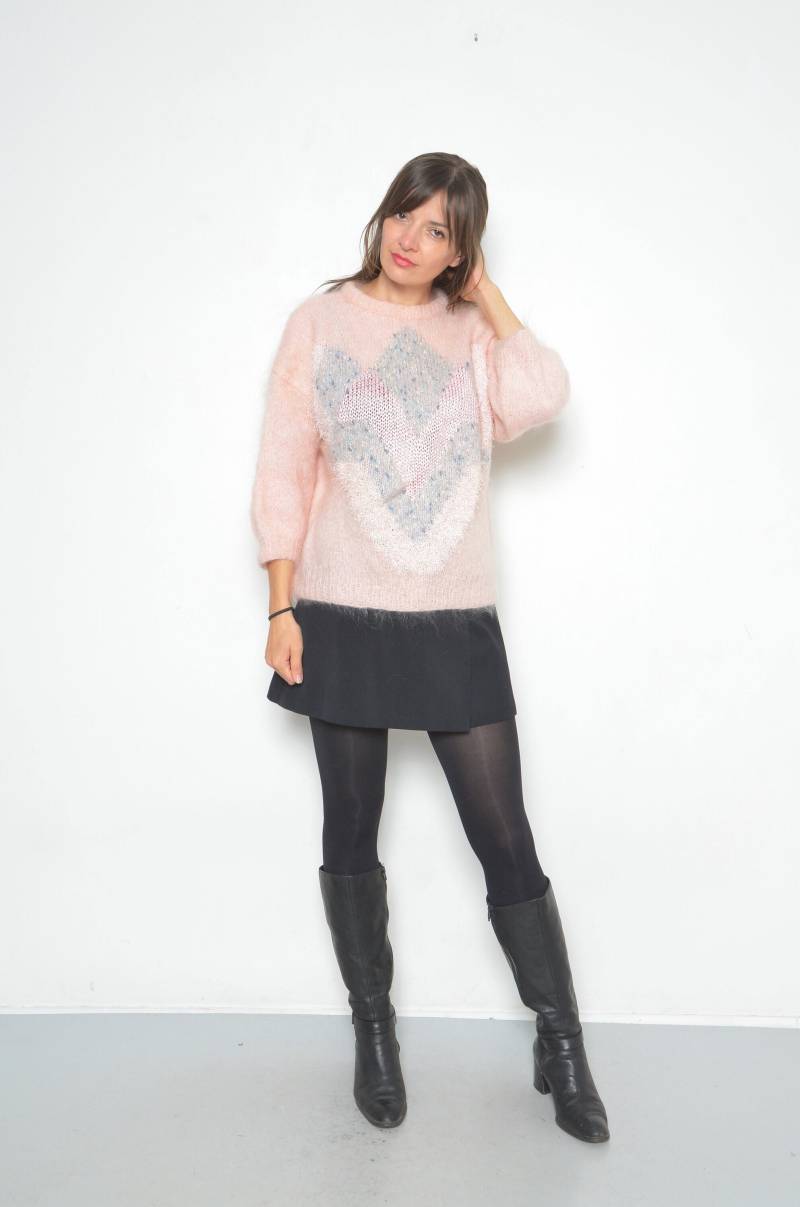 Vintage Geometric Wollpullover 80Er Jahre Pinker Grobstrick Pullover, Grobstrick von MikseStudio