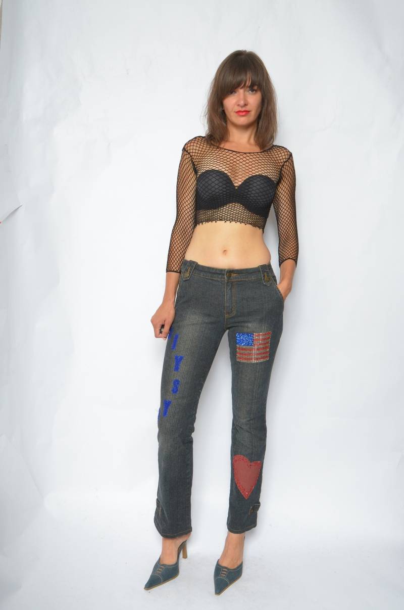 Vintage Perlen Jeans 90Er Jahre Usa Flagge Bestickter Denim - Größe S von MikseStudio