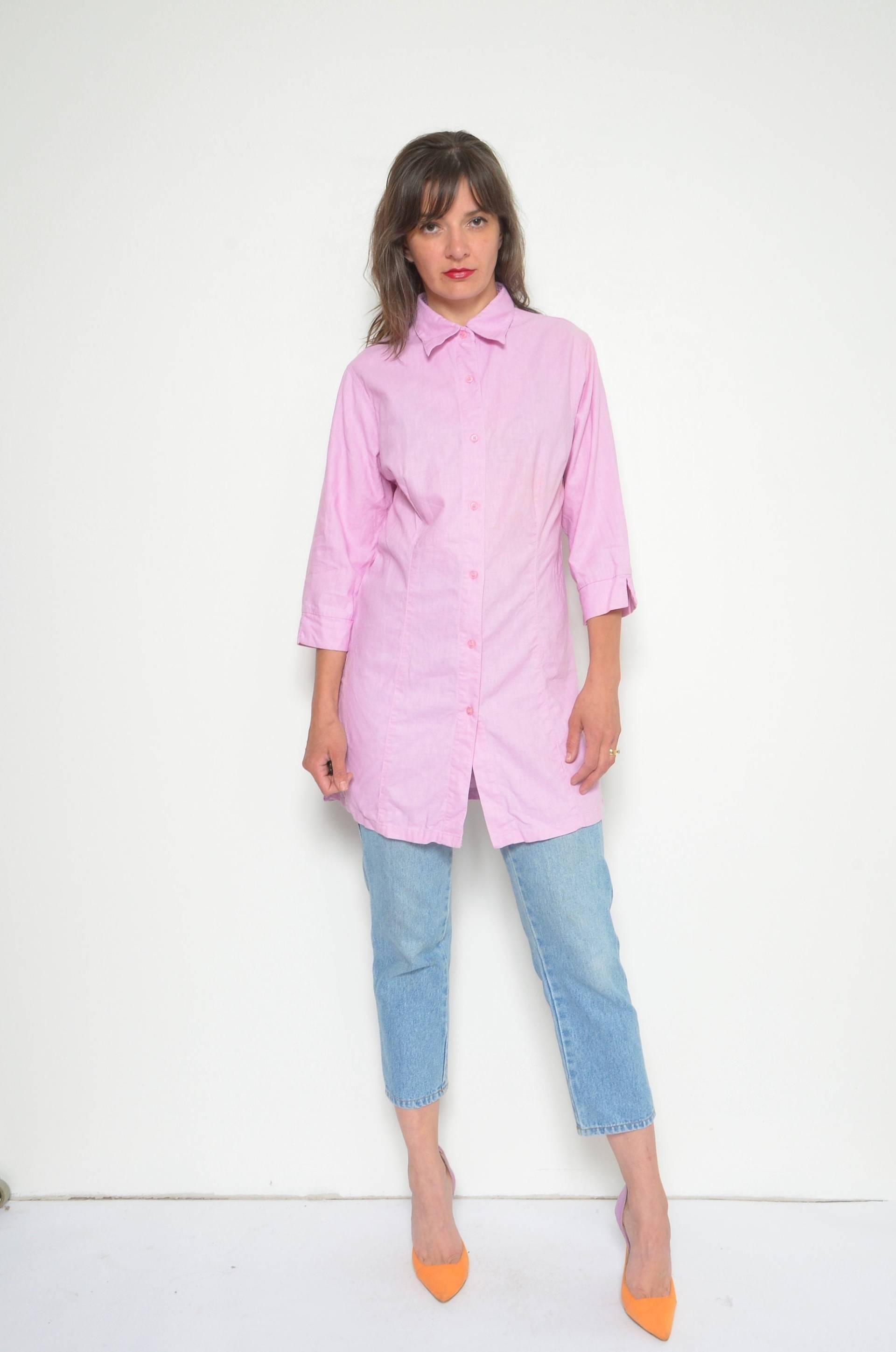 Vintage Rosa Leinen Hemd 90Er Jahre Halbarm Bluse, Grösse Small von MikseStudio