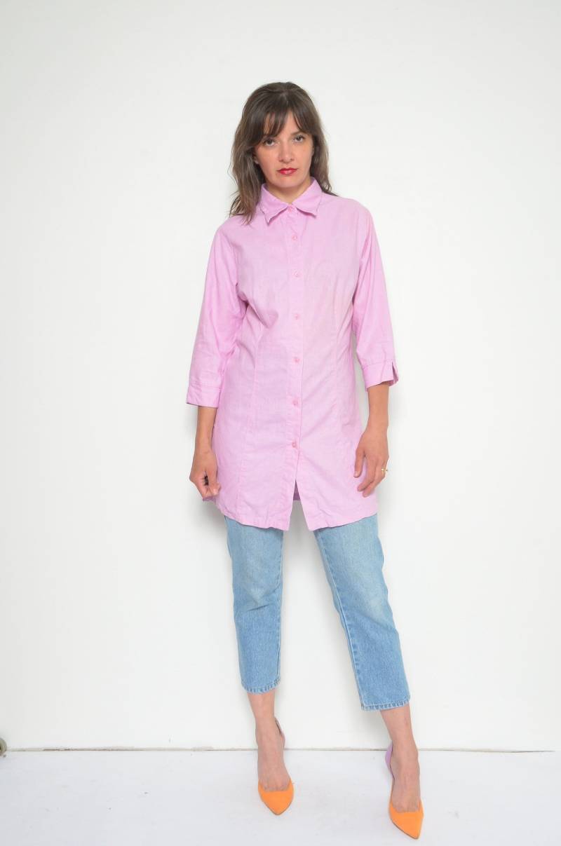 Vintage Rosa Leinen Hemd 90Er Jahre Halbarm Bluse, Grösse Small von MikseStudio