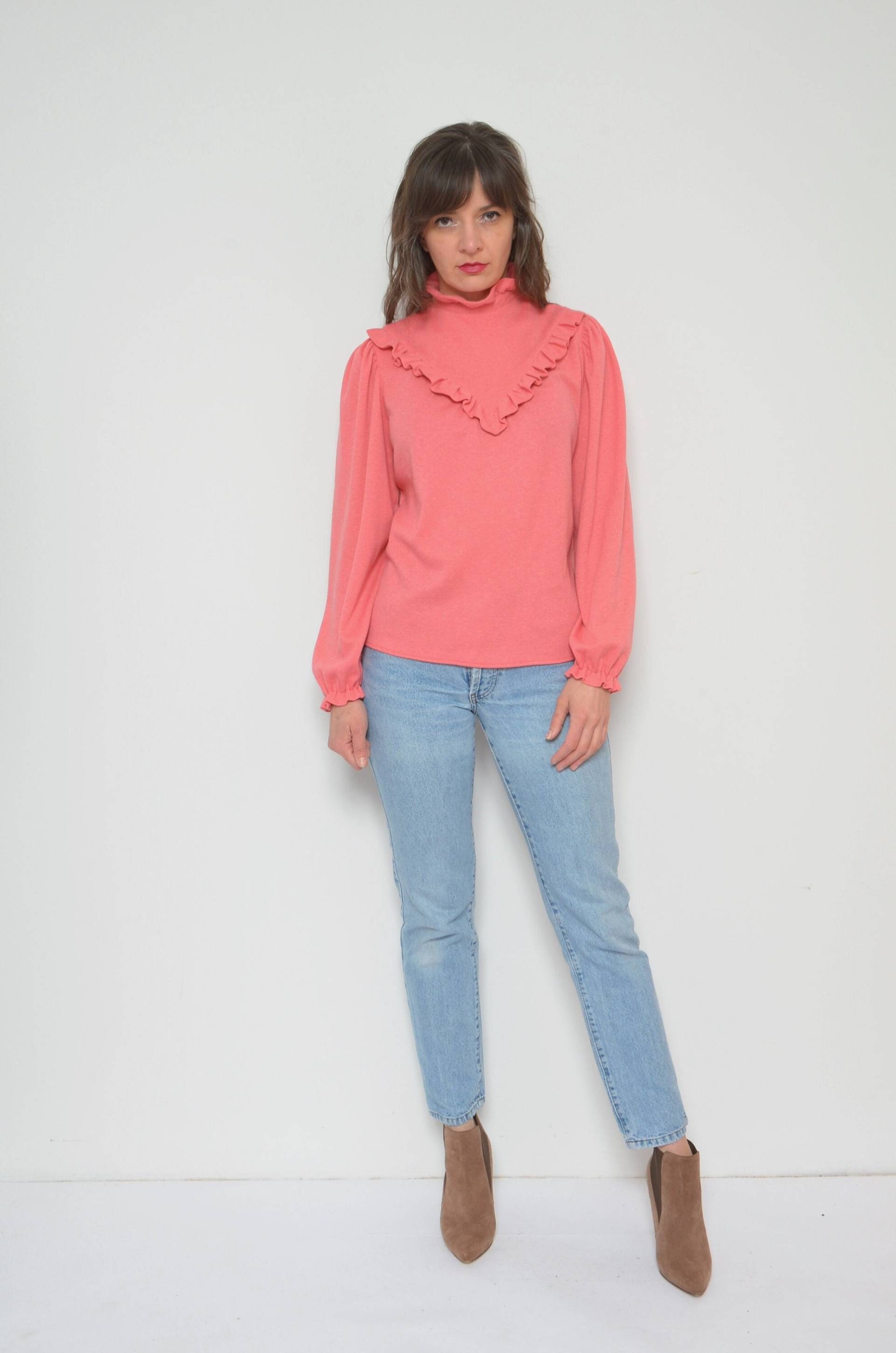 Vintage Rüschenbluse/80Er Jahre Kaninchenwolle Langarm Flauschiges Top - Größe Medium von MikseStudio