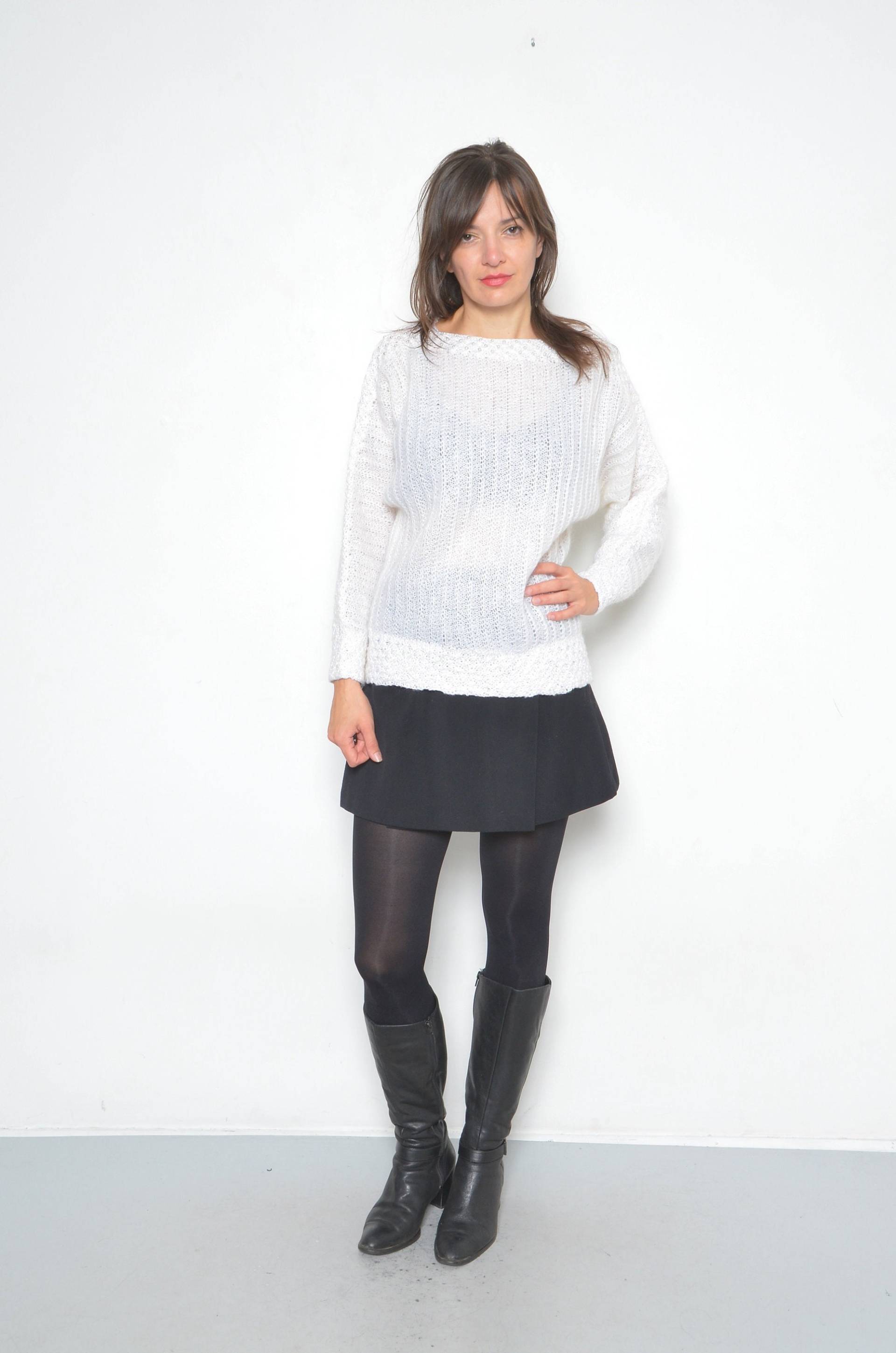 Vintage Weißer Baumwoll Strick Pullover Mit Perlen Details - 1990S Medium von MikseStudio