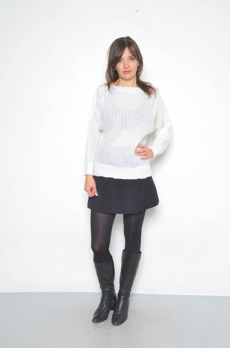 Vintage Weißer Baumwoll Strick Pullover Mit Perlen Details - 1990S Medium von MikseStudio