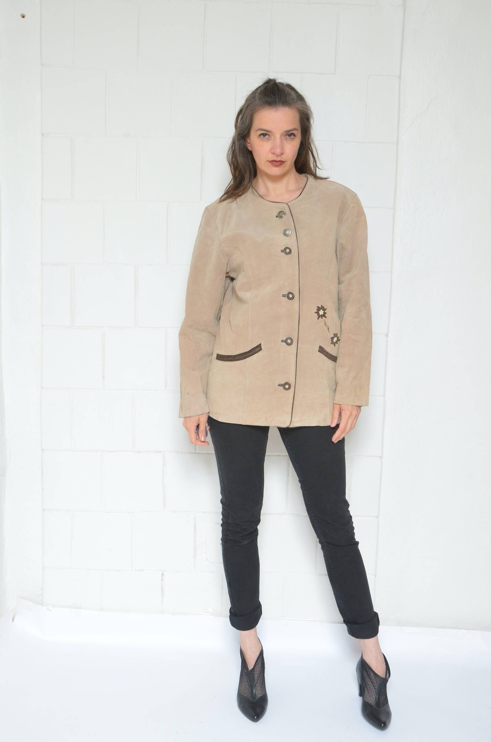 Wildleder Folklore Blazer/Vintage 90Er Jahre Oktoberfest Jacke Mit Knöpfen Bestickter Knopf - Size Small von MikseStudio