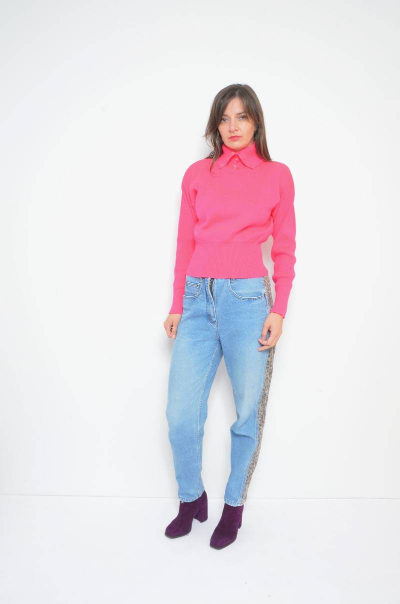 Wolle Rollkragenpullover/ Vintage 80Er Neon Pink Gerippt Ärmel Knopf Ausschnitt Pullover - Größe Klein von MikseStudio