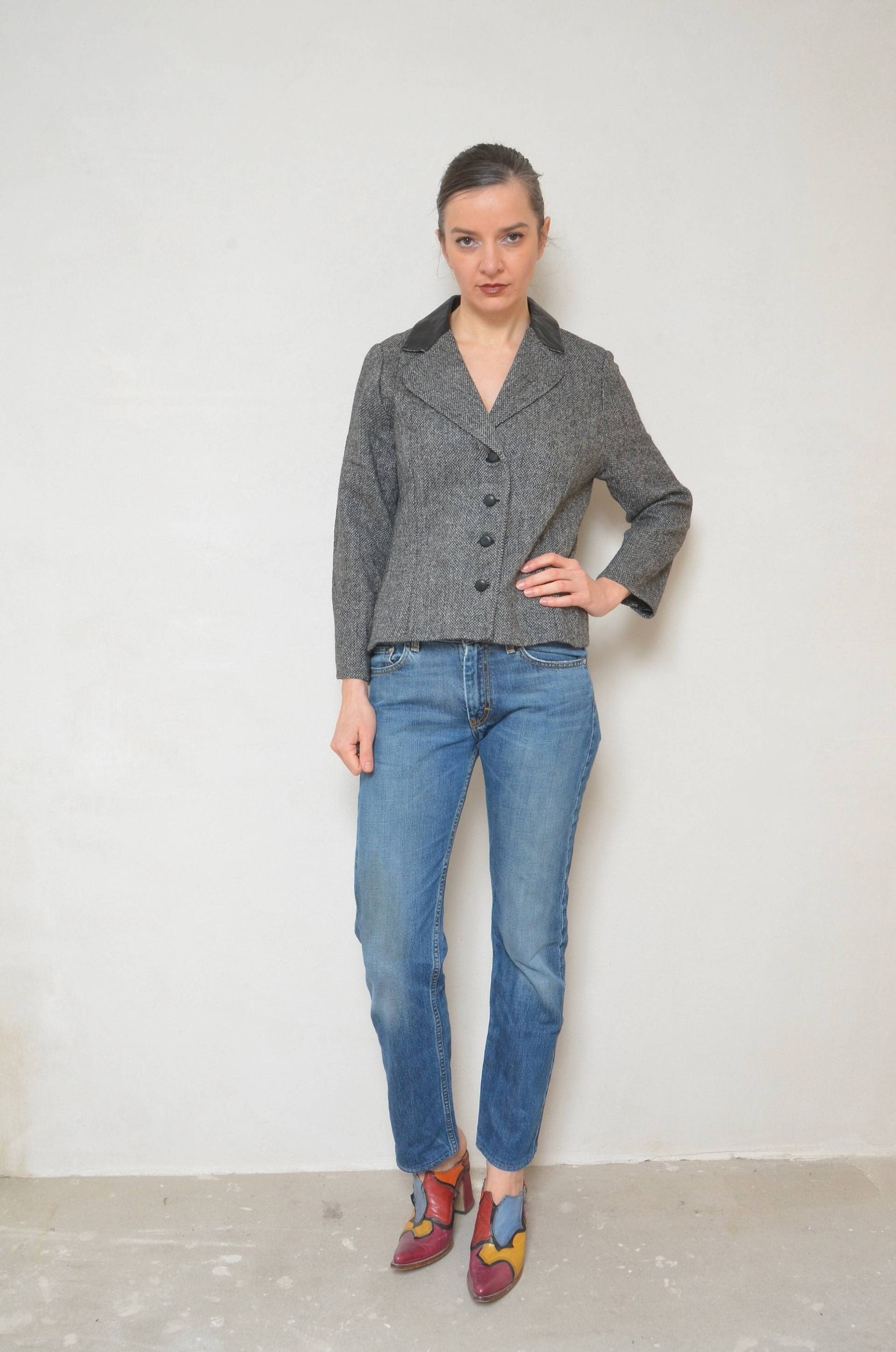 Wollknopf Blazer/Vintage 80Er Jahre Kurze Lederjacke Mit Knöpfen Und Kragen - Größe Medium von MikseStudio