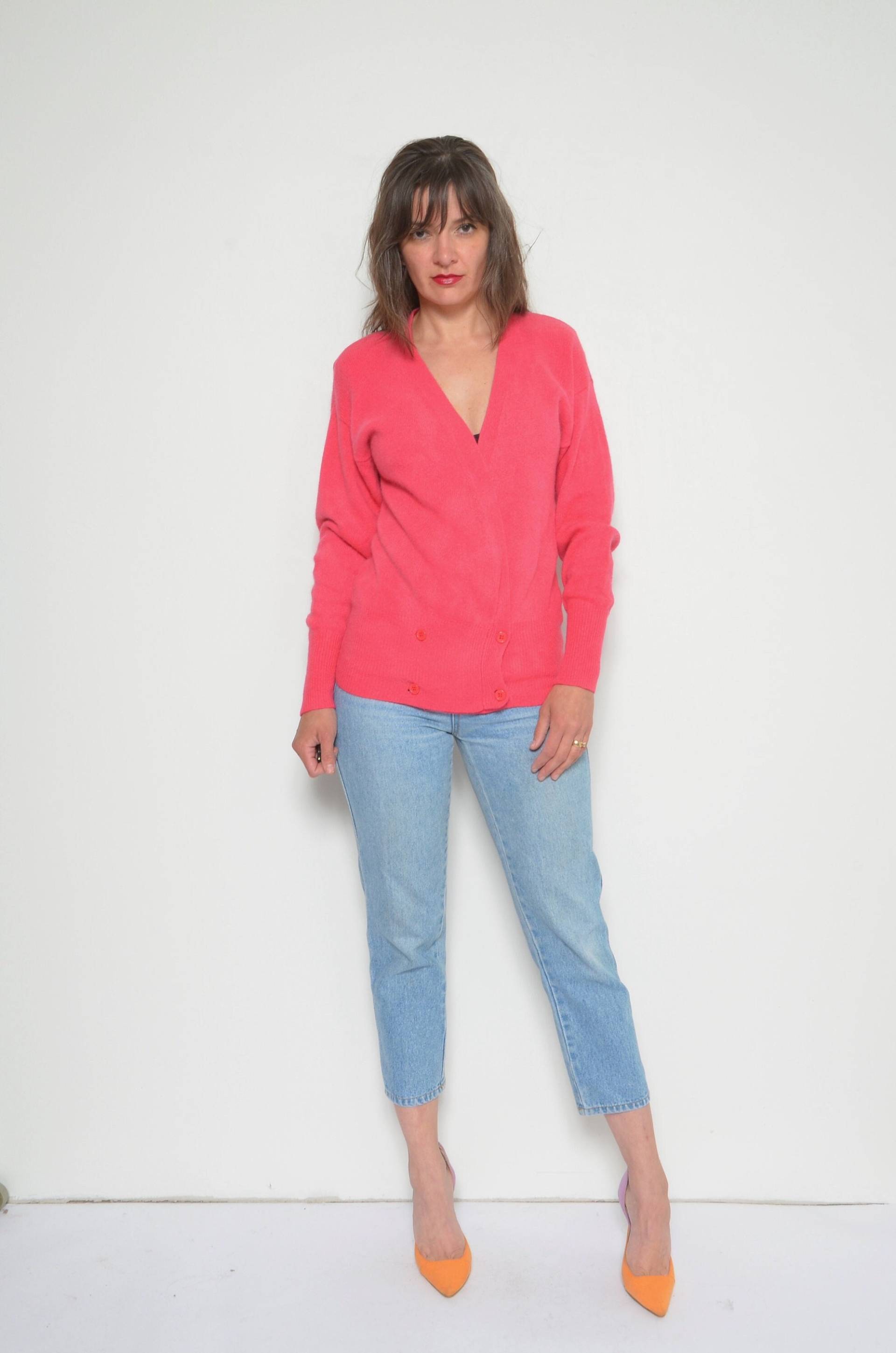 strickjacke Aus Angorawolle/Vintage 80Er Jahre Leuchtend Rosa Knopfpullover - Größe Klein von MikseStudio