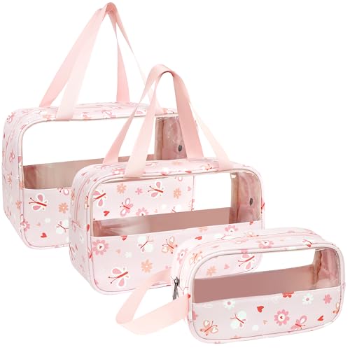 Mikytoper Kulturbeutel, transparent, 3 Stück, wasserdicht, aus PVC, große Kapazität, Make-up-Tasche mit Griff, Reise-Kosmetiktasche für Damen und Herren, 2024 Rosa, Moderne Nähte von Mikytoper