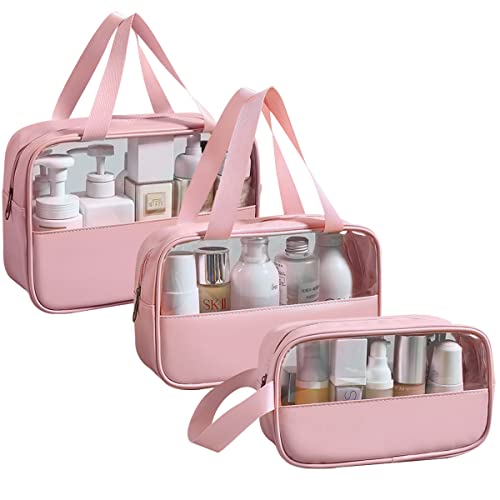 Mikytoper Transparente Kulturbeutel 3 Stück, PVC wasserdichte Spleiß-Kosmetiktasche, große Kapazität Handheld Make-up Tasche, Reise Make-up Taschen für Männer und Frauen, rose, Moderne Nähte von Mikytoper