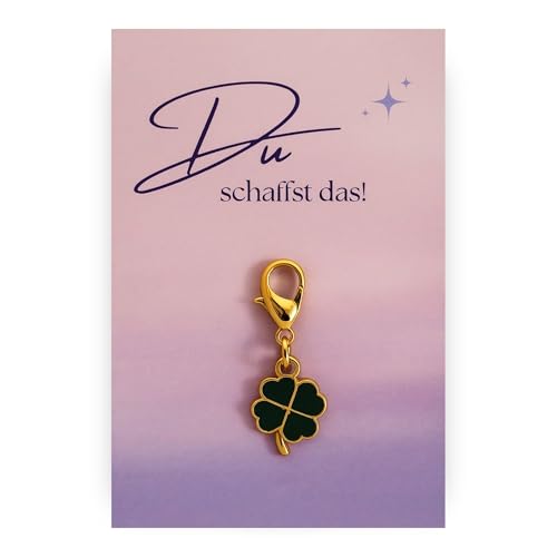 Milaboo® Kleeblatt Schlüsselanhänger mit Karte – Glücksbringer Geschenk für besondere Anlässe wie Prüfung, Reise, Einschulung, Operation, 12 Varianten, 55x85 mm (Du schaffst das) von Milaboo