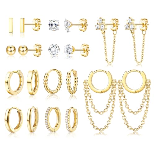 MILACOLATO 10 Paar Damen Ohrringe Ohrstecker Set 14K kleine vergoldete Ohrringe für Frauen Mädchen, hypoallergen zierlich Minimalist CZ Kugelkette Ohrringe für Geburtstag Party Weihnachten von Milacolato