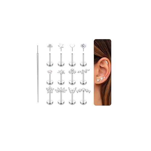 MILACOLATO 12 Stück 16G/18G/20G Helix Piercings Chirurgenstahl Tragus Piercing Gold/Silber Labret Piercing-18GS-6 von Milacolato