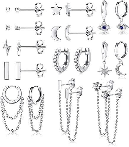 MILACOLATO 12 Paar Creolen Baumeln Kleine Huggies Creolen Ohrringe für Damen Mond Stern Zirkonia Winziger Ohrstecker Evil Eye Bar Ketten Ohrringe Creolen Set für Frauen von Milacolato