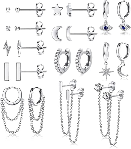MILACOLATO 12 Paar Creolen Baumeln Kleine Huggie Creolen Ohrringe für Damen Mond Stern Zirkonia Winziger Ohrstecker Evil Eye Bar Ketten Ohrringe Creolen Set für Frauen von Milacolato