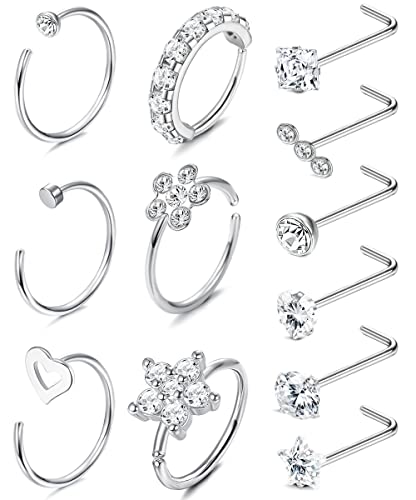 MILACOLATO 12Pcs 20G Nostril Piercing Ring Chirurgenstahl CZ Runder Stern Nasenstecker L Form 8mm Blume Offen Nasenpiercing Silver Helix Ohrpiercing Ring Septum Daith Piercing Schmuck Für Damen Herren von Milacolato