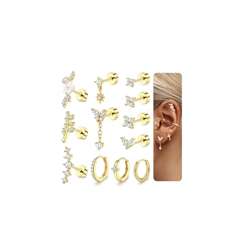 MILACOLATO 12Pcs Helix Piercings Chirurgenstahl Ohrringe Piercing Ohr Gold Silber Flatback Ohrstecker Klein Knorpel Ohrringe Creolen Gold Hypoallergen Rook Tragus Conch Helix Piercing Für Damen-AG MILACOLATO 12Pcs Helix Piercings Chirurgenstahl Ohrringe Piercing Ohr Gold Silber Flatback Ohrstecker Klein Knorpel Ohrringe Creolen Gold Hypoallergen Rook Tragus Conch Helix Piercing Für Damen-AG von Milacolato